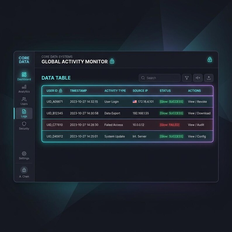 May include: A digital dashboard interface titled CORE DATA GLOBAL ACTIVITY MONITOR featuring a data table with columns for User ID, Timestamp, Activity Type, Source IP, Status, and Actions. The UI uses dark tones with glowing cyan borders.