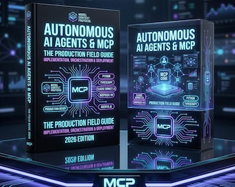 Puede incluir: Un libro negro titulado Autonomous AI Agents & MCP: The Production Field Guide 2026 Edition junto a una caja de exhibición transparente a juego. Ambos presentan gráficos de circuitos en azul y morado neón y etiquetas MCP.