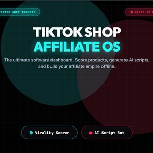 Op de afbeelding: Een digitaal dashboard-interface getiteld TikTok Shop Affiliate OS met een zwarte rasterachtergrond. Het bevat een TikTok Shop Toolkit-label, een Elite V2.0 OS-tag en knoppen voor Virality Scorer en AI Script Bot, met tekst over softwarefuncties.