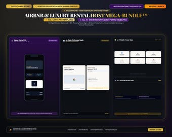 Puede incluir: Un paquete de productos digitales titulado Airbnb & Luxury Rental Host Mega-Bundle que incluye un sistema operativo para portales de invitados, una guía de 16 páginas, 32 letreros imprimibles y una suite social. Interfaz oscura con texto blanco.