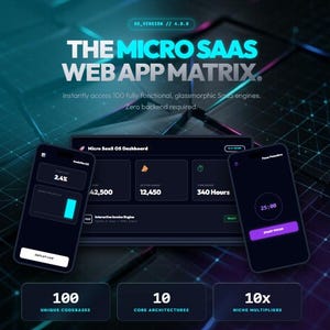 May include: A digital graphic titled THE MICRO SAAS WEB APP MATRIX with OS_VERSION // 4.0.0. It displays a dashboard interface, two mobile screens, and text stating 100 UNIQUE CODEBASES, 10 CORE ARCHITECTURES, and 10x NICHE MULTIPLIERS.