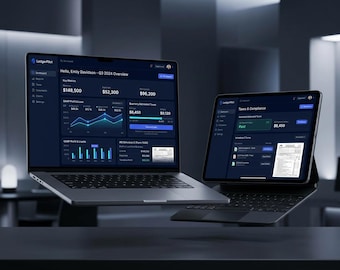 Puede incluir: Un ordenador portátil y una tableta que muestran la interfaz del software LedgerPilot. La pantalla del portátil muestra un panel de control G3 2024 con métricas financieras, gráficos de líneas y barras. La tableta muestra impuestos.