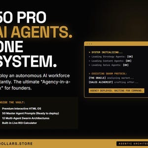 Könnte beinhalten: Eine schwarz-goldene Grafik mit dem Text 50 PRO AI AGENTS. ONE SYSTEM. Sie enthält ein Terminalfenster, das die Systeminitialisierung und den Status des Schwarmprotokolls anzeigt, sowie eine Liste von Funktionen wie Premium Interactive HTML OS.