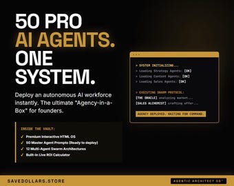 Puede incluir: Un gráfico negro y dorado con el texto 50 PRO AI AGENTS. ONE SYSTEM. Incluye una ventana de terminal que muestra la inicialización del sistema y el estado del protocolo de enjambre, junto a una lista de funciones como Premium Interactive HTML OS.