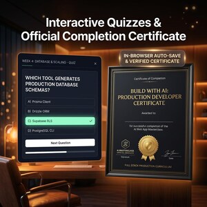 May include: A computer monitor displaying an interactive quiz titled Week 4: Database & Scaling, alongside a framed Build With AI: Production Developer Certificate featuring a gold seal and the text In-Browser Auto-Save & Verified Certificate.