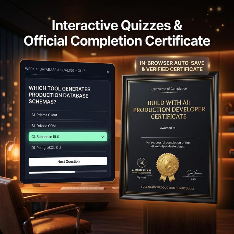 May include: A computer monitor displaying an interactive quiz titled Week 4: Database & Scaling, alongside a framed Build With AI: Production Developer Certificate featuring a gold seal and the text In-Browser Auto-Save & Verified Certificate.