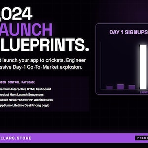 Può includere: Grafica digitale con il testo "1.024 Launch Blueprints". Include un grafico a barre con l'etichetta "Day 1 Signups" e un elenco di funzionalità. Lo sfondo è nero con accenti viola. L'indirizzo del sito web è savedollars.store.