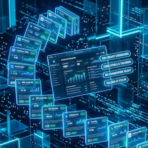 May include: A digital dashboard interface featuring glowing blue UI elements, charts, and data panels. Text includes Incubator Dashboard, 100+ Ready Codebases, Pure HTML5 & Tailwind, No Framework Bloat, and Valued at &euro;19.99 amidst a dark tech background.