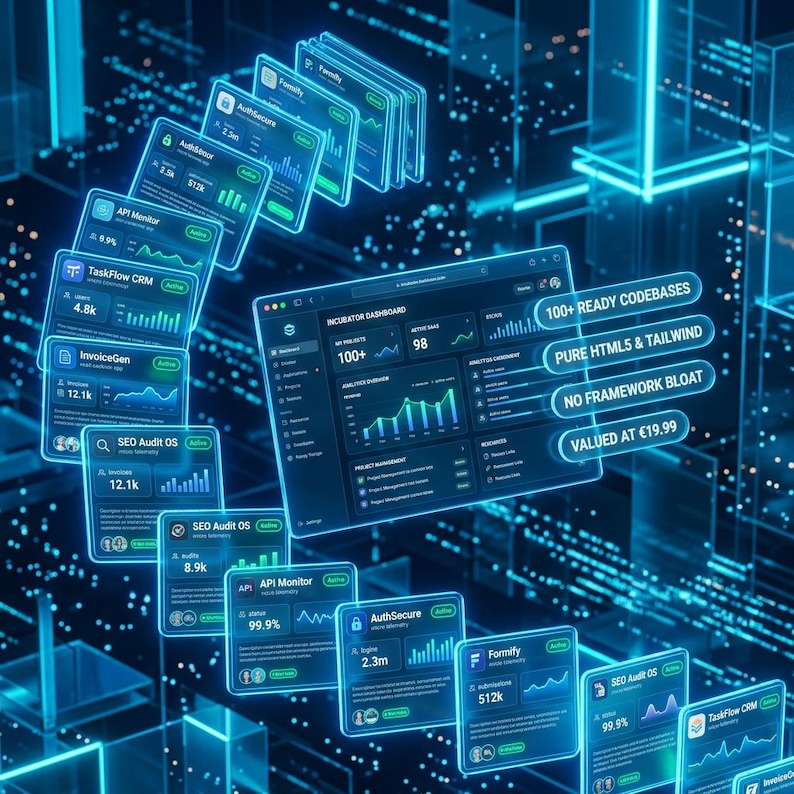 May include: A digital dashboard interface featuring glowing blue UI elements, charts, and data panels. Text includes Incubator Dashboard, 100+ Ready Codebases, Pure HTML5 & Tailwind, No Framework Bloat, and Valued at &euro;19.99 amidst a dark tech background.