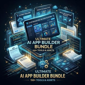 May include: An illustration showcasing an "Ultimate AI App Builder Bundle" with over 150 tools and assets. The image features multiple digital screens displaying dashboards, code, and diagrams. The color scheme is primarily blue and white, with glowing lines connecting the elements.