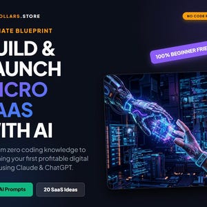 May include: A dark blue graphic promoting "BUILD & LAUNCH MICRO SAAS WITH AI". The image features a futuristic illustration of two hands reaching out, with neon blue and purple highlights. The text "100% BEGINNER FRIENDLY" is also visible.
