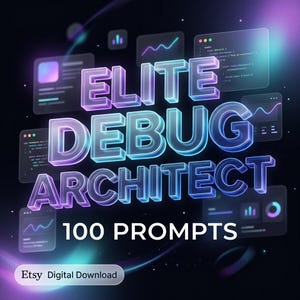 May include: A digital graphic with the words "ELITE DEBUG ARCHITECT" in a 3D, glowing, transparent font. The text "100 PROMPTS" is below. The background is dark with glowing lines and data visualization elements. The Etsy Digital Download logo is at the bottom.