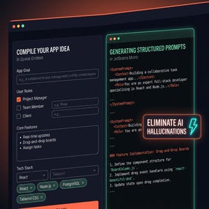 May include: A digital interface for compiling app ideas with fields for goals, user roles, and tech stacks. A side panel displays structured prompts for AI, featuring the text ELIMINATE AI HALLUCINATIONS with a lightning bolt icon.