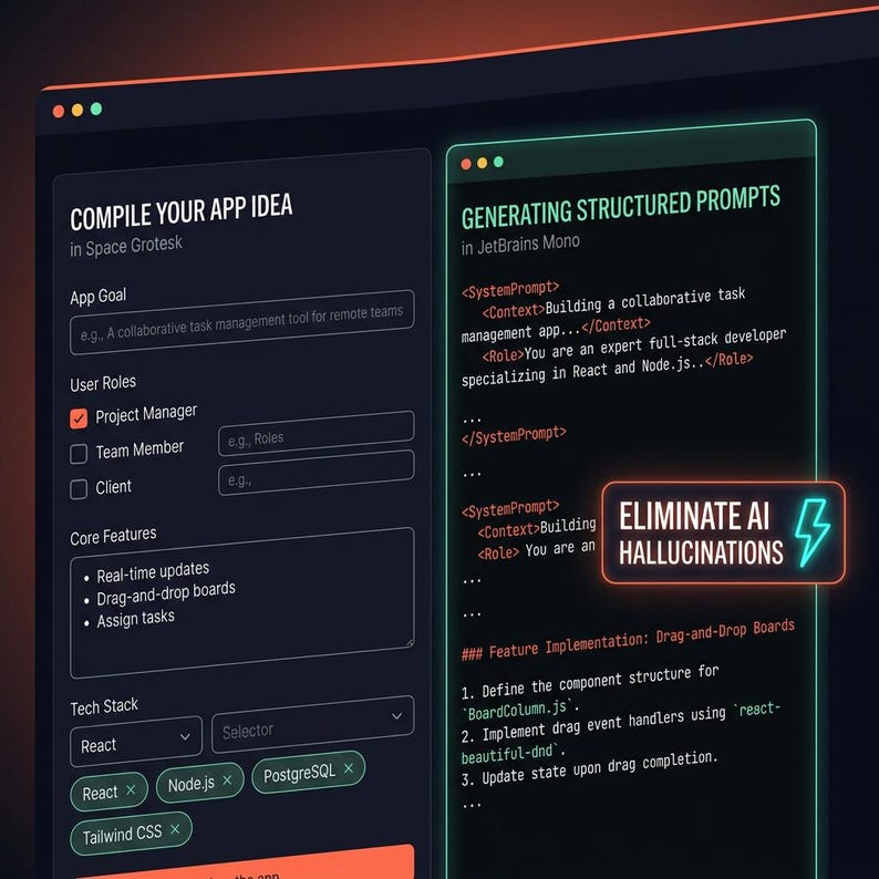 May include: A digital interface for compiling app ideas with fields for goals, user roles, and tech stacks. A side panel displays structured prompts for AI, featuring the text ELIMINATE AI HALLUCINATIONS with a lightning bolt icon.