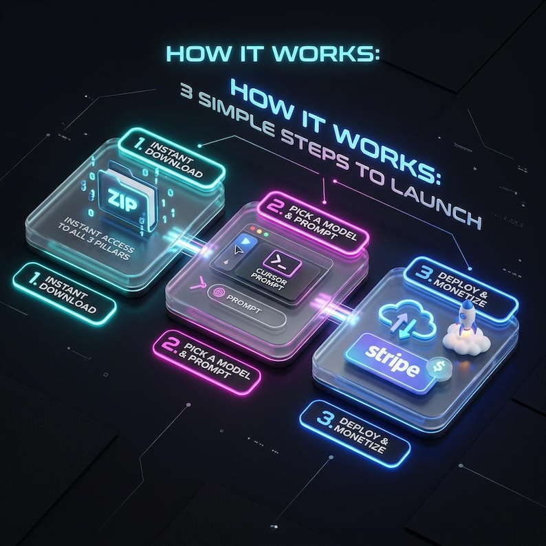 May include: A digital infographic titled HOW IT WORKS: 3 SIMPLE STEPS TO LAUNCH. It features three glowing, translucent square panels. Step 1 shows a ZIP folder icon. Step 2 displays a cursor prompt interface. Step 3 shows a cloud and rocket icon.