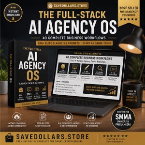 May include: A promotional image for "The Full-Stack AI Agency OS" digital product. It features a laptop displaying the product's features, a product box, and a coffee mug. The product promises 40 business workflows and 200+ prompts.