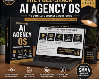 Puede incluir: Imagen promocional del producto digital "The Full-Stack AI Agency OS". Muestra un portátil con las características del producto, una caja y una taza de café. El producto promete 40 flujos de trabajo y más de 200 indicaciones.