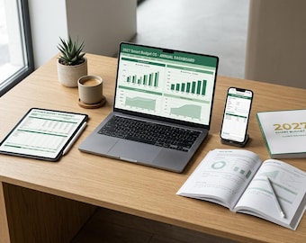 Puede incluir: Un portátil con un panel de control anual 2027 Smart Budget OS, una tableta con una hoja de cálculo de presupuesto de octubre, un smartphone en un soporte, un libro de trabajo 2027 Smart Budget OS, un cuaderno abierto y una suculenta.