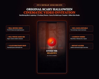 Puede incluir: Una plantilla de invitación de video digital para Halloween con un fondo de bosque oscuro, un orbe naranja brillante con un murciélago y el texto ORIGINAL SCARY HALLOWEEN CINEMATIC VIDEO INVITATION, ENTER THE SHADOWS, THE COVEN IS GATHERING.