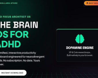 Puede incluir: Un panel de productividad digital titulado ADHD Focus Architect OS, The Brain OS for ADHD. Incluye un módulo Dopamine Engine con un icono de cerebro, bucles de recompensa de XP y monedas, y funcionalidad basada en navegador con texto verde.