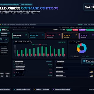 May include: A digital dashboard interface titled Small Business Command Center OS featuring financial data, a 12-month cash flow bar chart, an expense category pie chart, and an active client pipeline list on a dark background with neon accents.