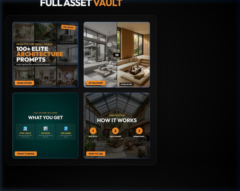 以下が含まれることがあります： 上部に「FULL ASSET VAULT」の文字が入ったデジタル製品ディスプレイ。 「ARCHITECTURE INTELLIGENCE 100+ ELITE ARCHITECTURE PROMPTS」、「STYLE COMP」、「WHAT YOU GET」、「HOW IT WORKS」というタイトルのセクションが含まれています。 配色は、オレンジと白のテキストが入ったダークカラーです。