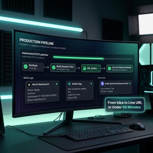 May include: A curved computer monitor displaying a production pipeline dashboard with text including Production Pipeline, Automated CI/CD pipeline, Git Push, Build Passed, SSL Active, and From Idea to Live URL in Under 60 Minutes.