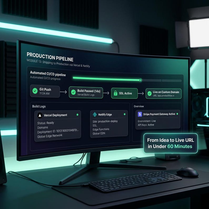 May include: A curved computer monitor displaying a production pipeline dashboard with text including Production Pipeline, Automated CI/CD pipeline, Git Push, Build Passed, SSL Active, and From Idea to Live URL in Under 60 Minutes.