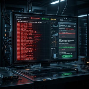 May include: A computer monitor displaying a software interface titled NEURAL_AI: NOVA v4.1. The screen shows a runtime error log with red text, memory map graphs, and an AI assistant panel identifying memory corruption with a deploy fix button.