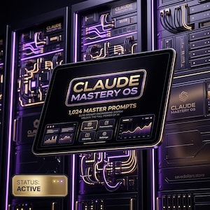 Op de afbeelding: Een zwarte tablet met de tekst CLAUDE MASTERY OS en 1.024 MASTER PROMPTS met interface-iconen voor Prompts, Frameworks, Libraries en Settings. De achtergrond toont een serverrack met gloeiende paarse lijnen en gouden accenten.
