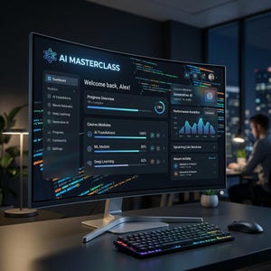 May include: A curved computer monitor displaying an AI Masterclass dashboard with progress bars, course modules, and performance analytics. The screen shows text including Welcome back, Alex!, AI Foundations, ML Models, and Deep Learning.
