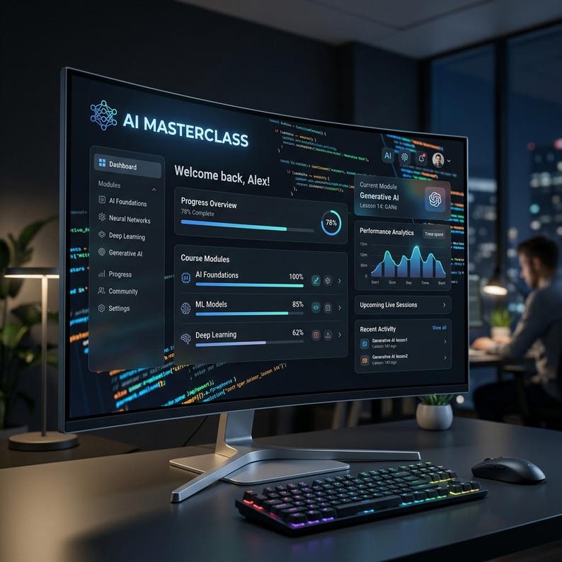 May include: A curved computer monitor displaying an AI Masterclass dashboard with progress bars, course modules, and performance analytics. The screen shows text including Welcome back, Alex!, AI Foundations, ML Models, and Deep Learning.
