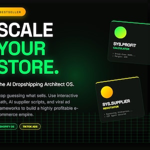 Könnte beinhalten: Eine digitale Benutzeroberfläche mit dem Titel SCALE YOUR STORE. The AI Dropshipping Architect OS. Sie enthält ein gelbes BESTSELLER-Abzeichen, zwei dunkle Karten mit der Aufschrift SYS.PROFIT CALCULATOR und SYS.SUPPLIER NEGOTIATOR sowie Schaltflächen für SHOPIFY OS und TIKTOK ADS.