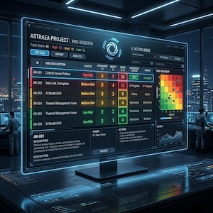 May include: A digital display showing the Astraea Project Risk Register with a table of active risks, including sensor failure and data link corruption, color-coded status indicators, a risk heatmap, and various data charts on a dark interface.