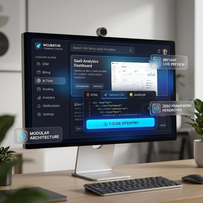 May include: A computer monitor displaying an Incubator Command Center SaaS analytics dashboard with code snippets for HTML, Tailwind CSS, and JavaScript. The screen features a 1-click zip export button, modular architecture, instant live preview, and zero framework headaches labels.
