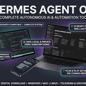 Może przedstawiać: Cyfrowy zestaw narzędzi HERMES AGENT OS z laptopem, tabletem i smartfonem wyświetlającymi kod oraz centrum dowodzenia Notion. Nakładki tekstowe obejmują 100% LOCAL & PRIVATE, NOUS RESEARCH COMPATIBLE, 10 READY-TO-RUN SKILL.md FILES oraz PLUG & PLAY SETUP GUIDE.