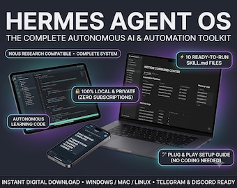 Puede incluir: Kit de herramientas digital HERMES AGENT OS con portátil, tableta y smartphone mostrando código y un centro de mando Notion. Las superposiciones de texto incluyen 100% LOCAL & PRIVATE, NOUS RESEARCH COMPATIBLE, 10 READY-TO-RUN SKILL.md FILES y PLUG & PLAY SETUP GUIDE.