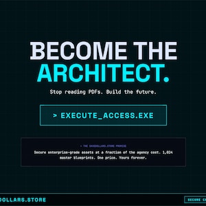 May include: A digital advertisement with a dark teal background and a grid pattern. The text "BECOME THE ARCHITECT" is in white and teal. Below, it reads "Stop reading PDFs. Build the future." A button says "EXECUTE_ACCESS.EXE".