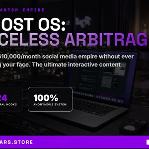 Peut inclure: Image promotionnelle pour "Ghost OS: Faceless Arbitrage". L'image présente un ordinateur portable, une souris et une tasse à café sur un bureau. Le texte met en évidence la possibilité de créer un empire de médias sociaux de 9 200 €/mois de manière anonyme. Comprend "1 024 accroches virales prouvées" et "Système 100% anonyme".
