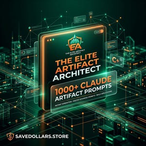 May include: Digital graphic featuring a glowing tablet with the text "THE ELITE ARTIFACT ARCHITECT" and "1000+ CLAUDE ARTIFACT PROMPTS." The design incorporates a network of green lines and orange accents, with the website address SAVEDOLLARS.STORE at the bottom.