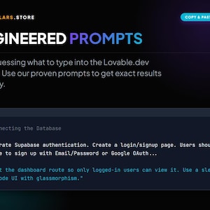 May include: Dark background with the text "ENGINEERED PROMPTS" and "COPY & PASTE READY". The text encourages users to use proven prompts for exact results. Includes code snippets for database integration.