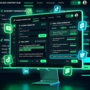 May include: A computer monitor displaying the Faceless Content Hub dashboard with an AI Script Generator and Viral Hook Generator. The interface features dark mode with glowing neon green accents, social media icons, and text fields for AI content creation.