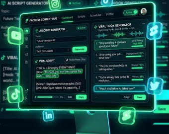 Puede incluir: Un monitor de computadora que muestra el panel de Faceless Content Hub con un generador de guiones de IA y un generador de ganchos virales. La interfaz presenta un modo oscuro con acentos verde neón, iconos de redes sociales y campos de texto.