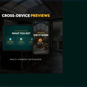 以下が含まれることがあります： クロスデバイスプレビューを示す画像。「WHAT YOU GET」というテキストには、HTML Vault、CSV Data、PDFのアイコンが含まれています。スマートフォンには、番号付きの手順で「HOW IT WORK」が表示されます。「MULTI-FORMAT OPTIMIZED」というフレーズも表示されます。