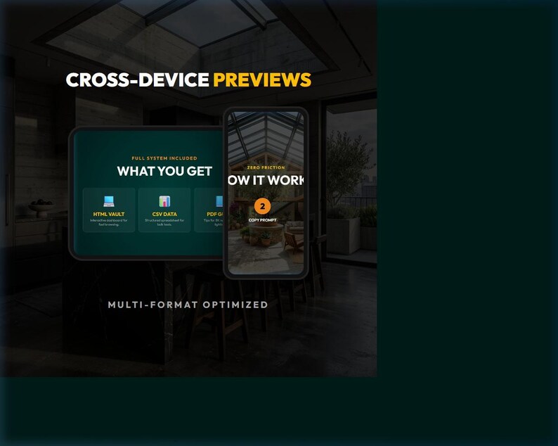以下が含まれることがあります： クロスデバイスプレビューを示す画像。「WHAT YOU GET」というテキストには、HTML Vault、CSV Data、PDFのアイコンが含まれています。スマートフォンには、番号付きの手順で「HOW IT WORK」が表示されます。「MULTI-FORMAT OPTIMIZED」というフレーズも表示されます。