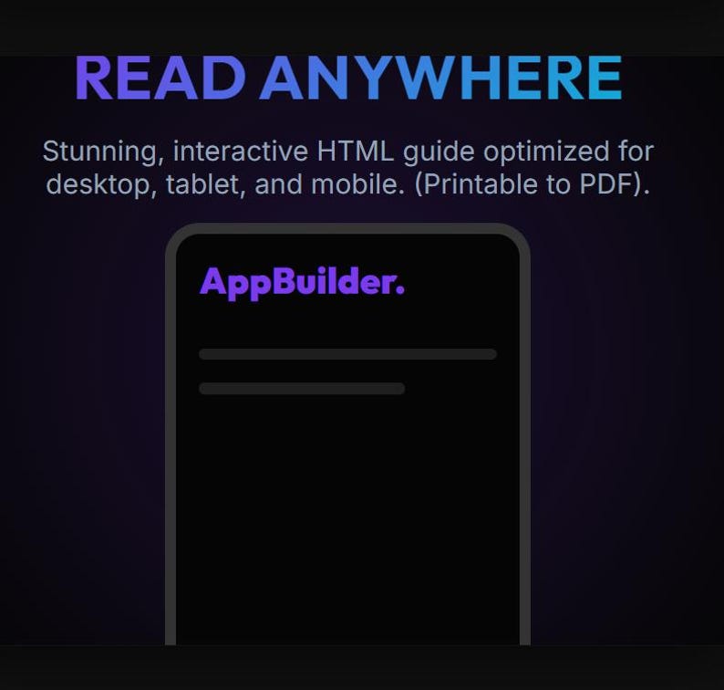 May include: A digital graphic with the words "READ ANYWHERE" in blue and teal. Below, text describes an interactive HTML guide optimised for desktop, tablet, and mobile, printable to PDF. The graphic includes the text "AppBuilder."