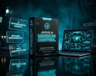 Puede incluir: Una caja de producto digital negra etiquetada como Jarvis AI Mission Control con texto y gráficos en azul neón. Al lado hay un ordenador portátil que muestra un panel con un mapa mundial y gráficos de datos. Paneles flotantes listan funciones.