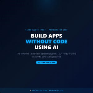 Puede incluir: Gráfico azul oscuro con el texto "BUILD APPS WITHOUT CODE USING AI" en blanco y azul. El texto "INSTANT DOWNLOAD" está en un botón azul. La imagen también incluye el texto "SAVEDOLLARS.STORE - PREMIUM FOR LESS".