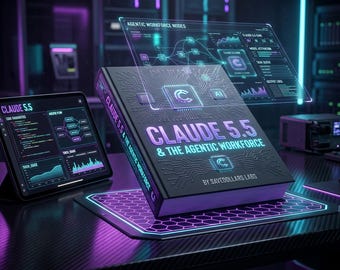 Puede incluir: Un libro negro titulado CLAUDE 5.5 & THE AGENTIC WORKFORCE BY SAVEDOLLARS LABS con un gráfico de placa de circuito en la portada. Una tableta muestra diagnósticos de código y una interfaz holográfica muestra nodos de trabajo.