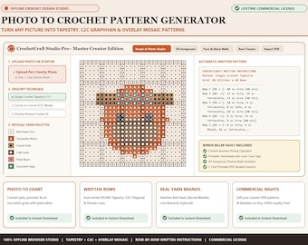 Puede incluir: Una interfaz digital para el software Photo to Crochet Pattern Generator. La pantalla muestra un editor de píxeles basado en cuadrícula, instrucciones de ganchillo escritas automáticamente, opciones de paleta de hilos y botones para exportar archivos PDF.